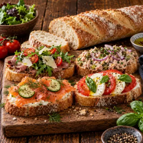 Opgemaakt stokbrood met verschillende hartige belegsoorten van vlees, vis, kaas en paté.