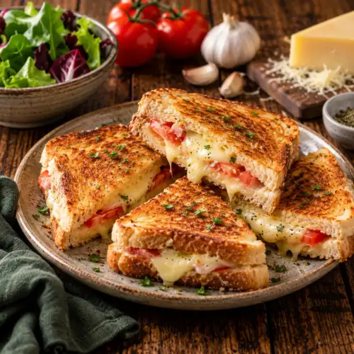 Provençaalse tosti met gesmolten jonge kaas, tomaat, knoflook en tijm