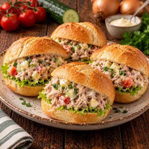 Zachte tonijnbroodjes gevuld met tonijnsalade, appel, augurk, tomaat en hardgekookt ei