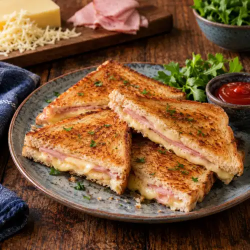 Tosti’s met gesmolten kaas en ham, goudbruin en krokant gebakken.