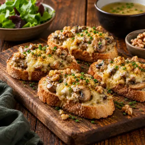 Warm champignonsneetje met gesmolten oude kaas, walnoten en champignons op geroosterd witbrood.